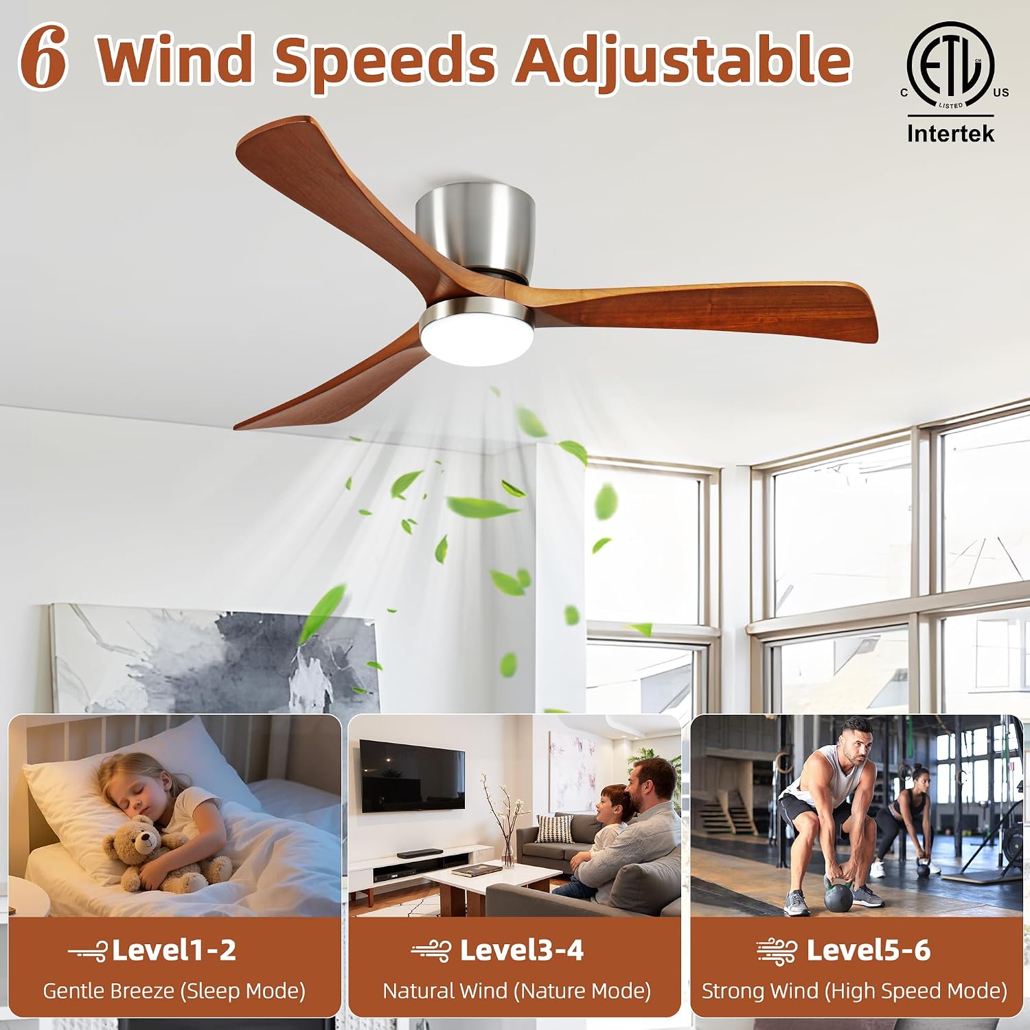Ceiling Fans with Lights 52 Inch Flush Mount, Wood Blade, LED Dimmable DC Reversible Modern Ceiling Fan with Remote Control for Bedrooms, Living Rooms, Patio, Brushed Nickel