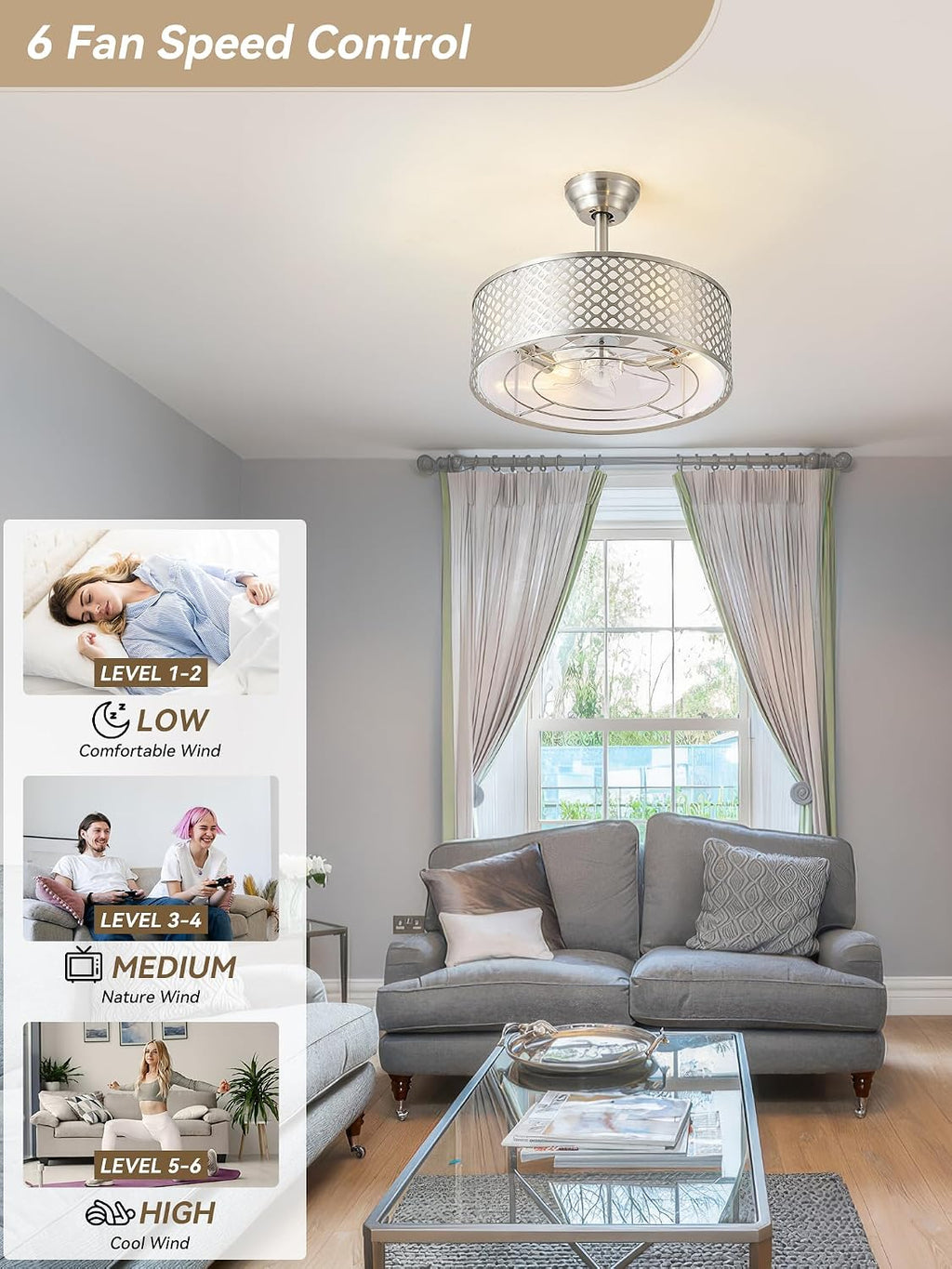 Silver Fandelier Ceiling Fan with Light, 20' Caged Boho Ceiling Fans with Lights and Remote, Mid Century with 6 Speeds for Bedroom, Living Room, Nursery