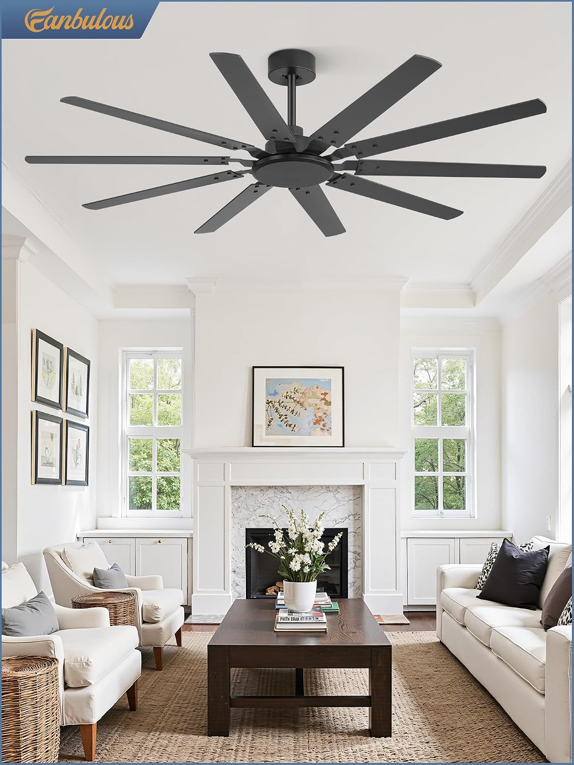 Fanbulous 65 Inch Large Ceiling Fan Without Light, Modern Indoor/Outdoor Ceiling Fans No Light with Remote,6-Speed Reversible Quiet DC Motor, 10 Blade for Bedroom,Living Room,Patio,Garage(Black)