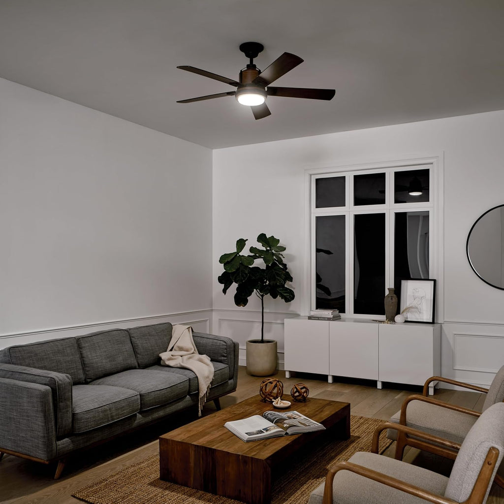 Kichler Colerne 52'Ceiling Fan with LED Light in Black, 5-Blade Vintage Industrial IndoorFan, 3000k, (52'W x 17' H), 300052DBK