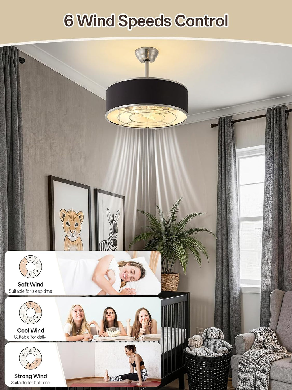 20' Black and Sliver Caged Boho Fandelier Ceiling Fan with Light & Remote Control - Bladeless Chandelier Fan, 6 Speed Quiet Reversible Motor for Bedroom, Nursery, Living Room