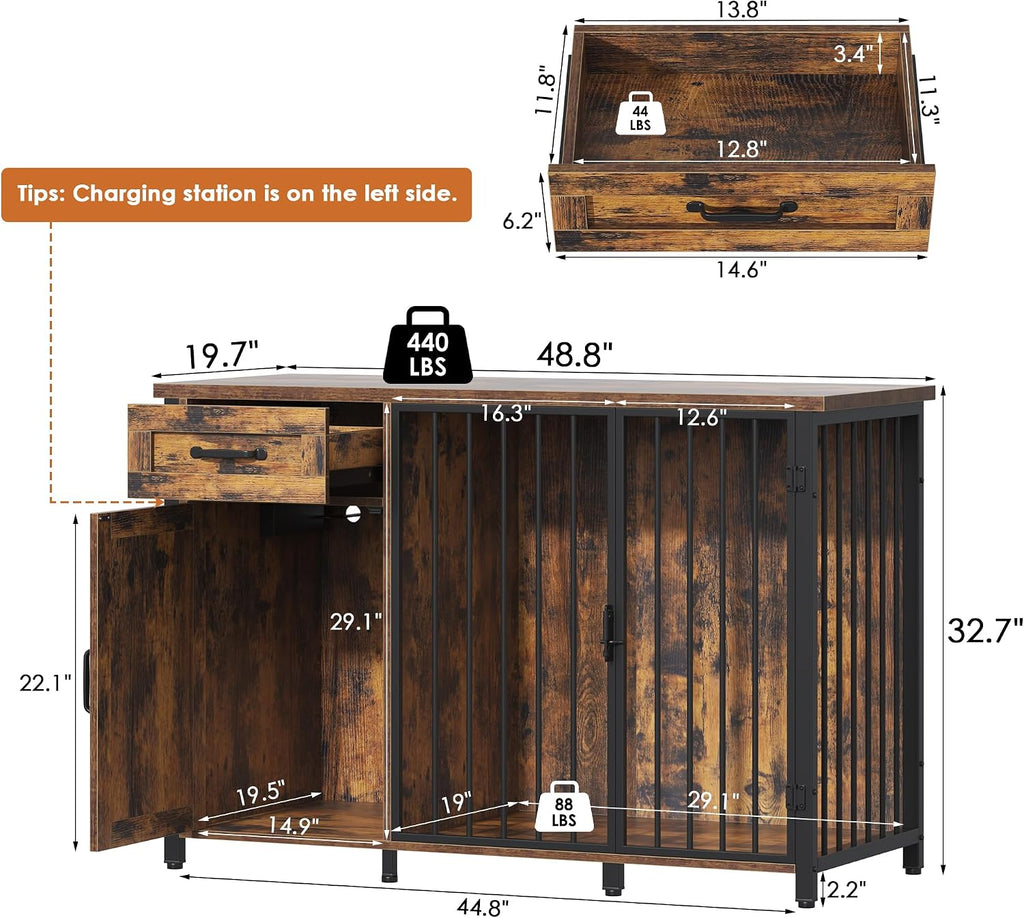 kepptory 2-in-1 Furniture Dog Crate End Table, Heavy Duty Dog Crate Furniture with Charging Station, Large Wooden Dog Kennel for Indoor with 440 lbs Load Capacity Metal Door Dog Cage for Living Room