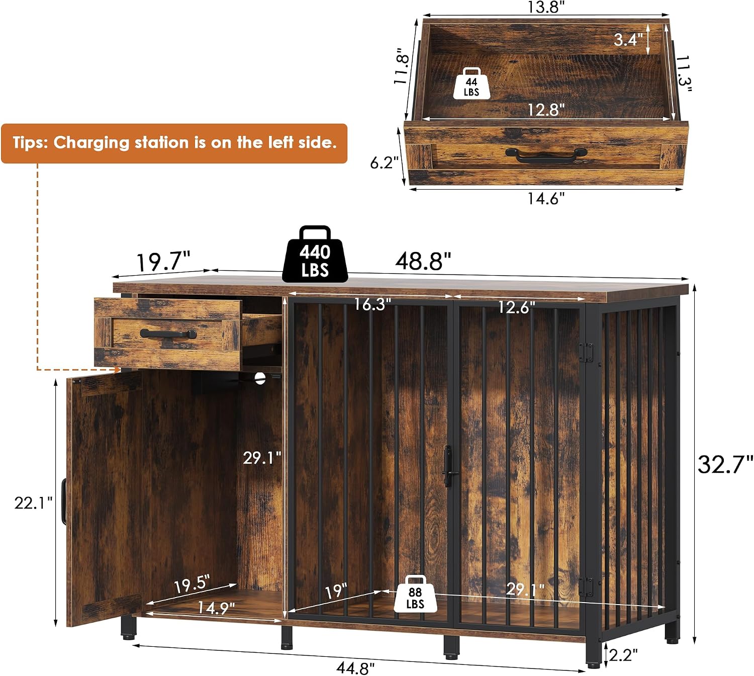 kepptory 2-in-1 Furniture Dog Crate End Table, Heavy Duty Dog Crate Furniture with Charging Station, Large Wooden Dog Kennel for Indoor with 440 lbs Load Capacity Metal Door Dog Cage for Living Room