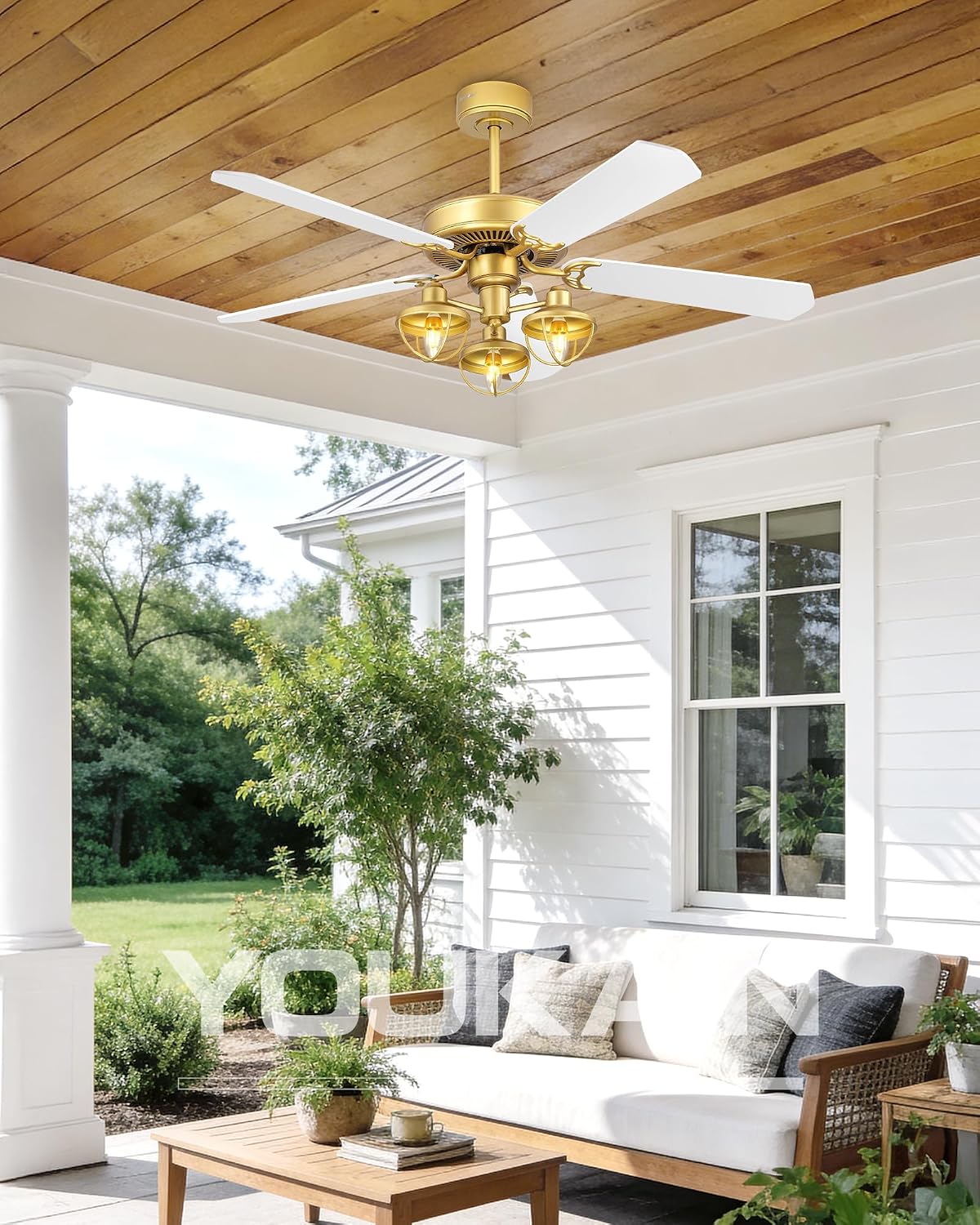 YOUKAIN Farmhouse Wooden Ceiling Fans, 52 Inch Industrial Ceiling Fan with 3 Lights and Remote Control, 5-Reversible Blades Indoor/Outdoor, Gold/Wood Finish, 52-YJ631-GD