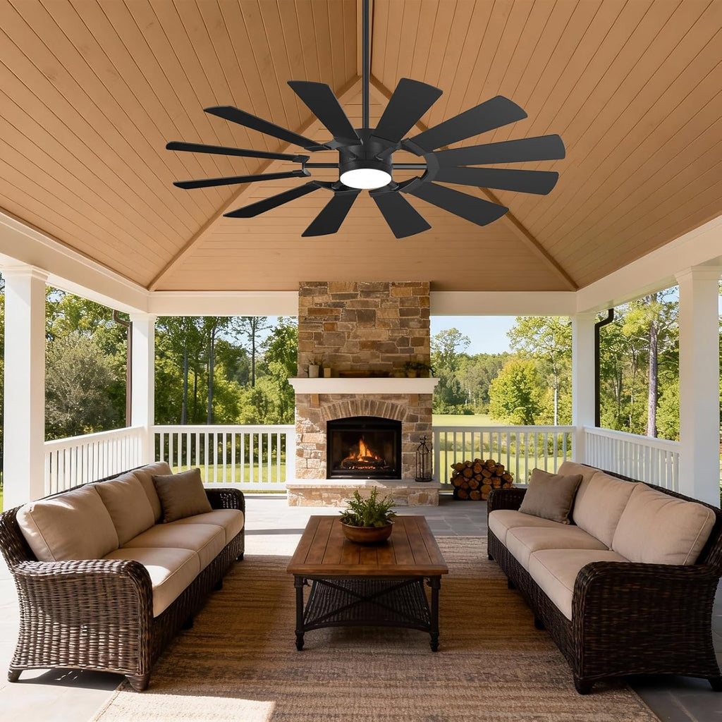 62 Inch 12-Blade Black Ceiling Fan with Light and Remote, for Patio Shop Garage, High CFM Wind Mill Farmhouse Indoor Outdoor Ceiling Fan, Dual Color, 3CCT, 3 Downrods, 6-Speed, DC Motor