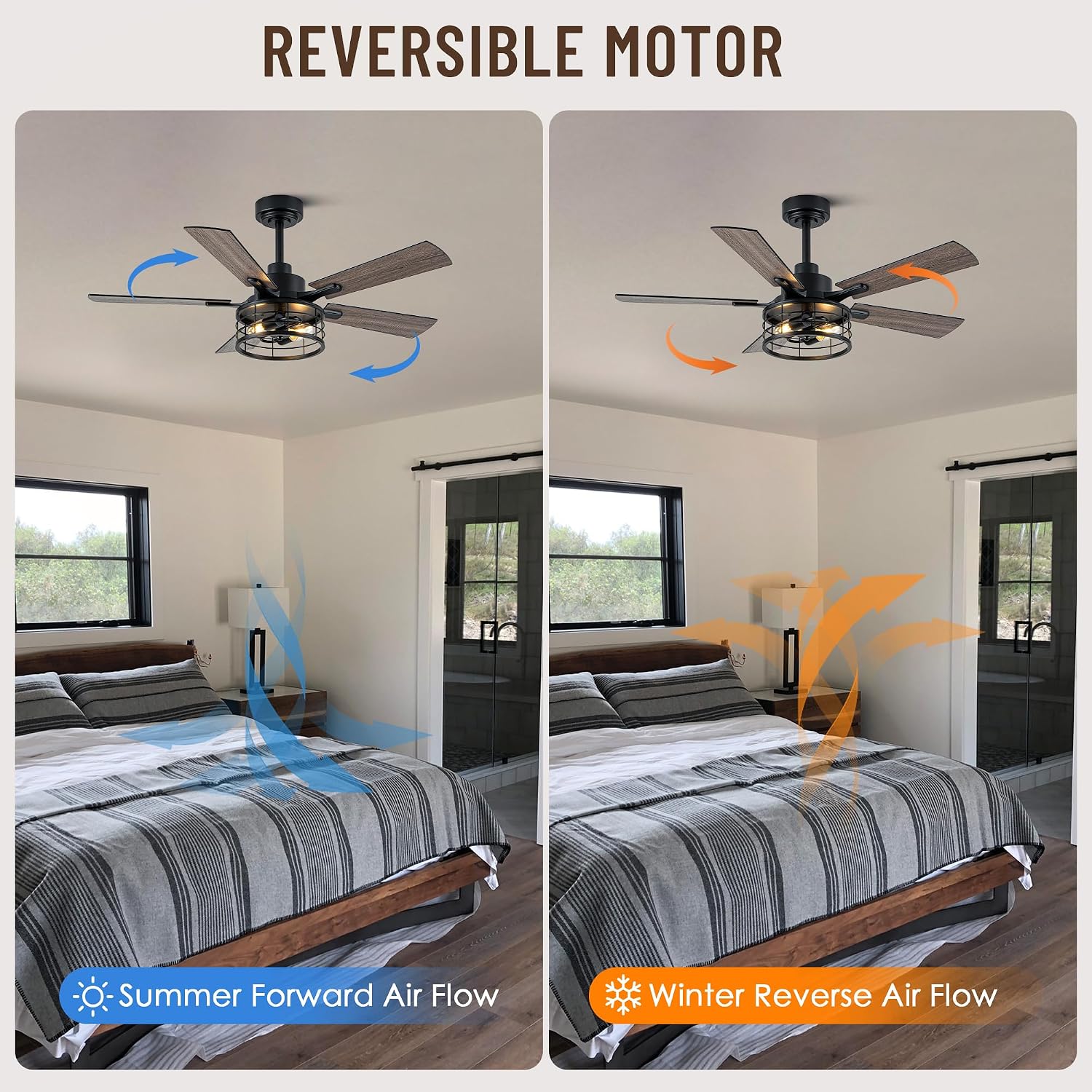46' Farmhouse Caged Ceiling Fan with Light and Remote, Reversible DC Motor, 5 Double Finish Wood Blades, Rustic Retro Chandelier Ceilng Fan with Light for Living Room Dining Room Bedroom