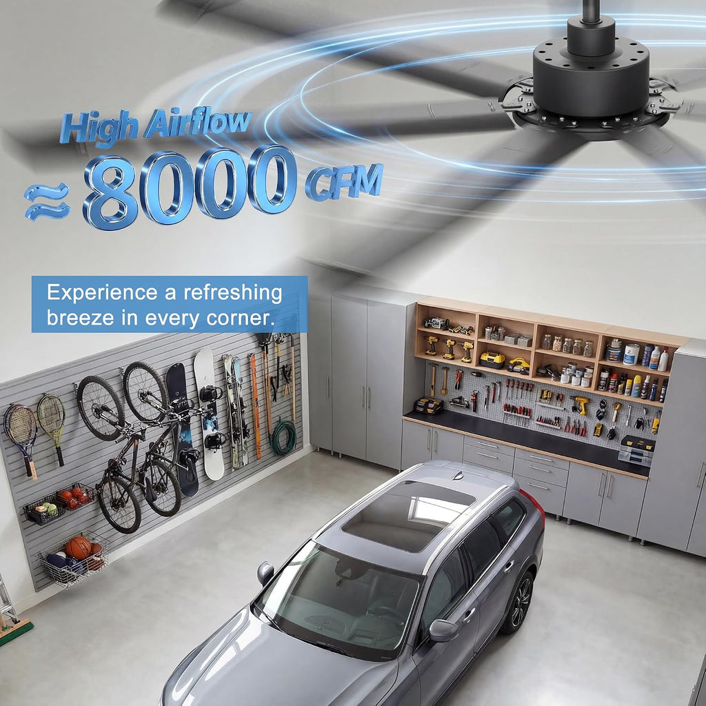 Ohniyou 72'' Ceiling Fan No Light, Black Industrial Ceiling Fan with Remote/APP, Aluminum Blades, 8000 CFM DC Motor for Outdoor Patios, Shop, Garage, Warehouse
