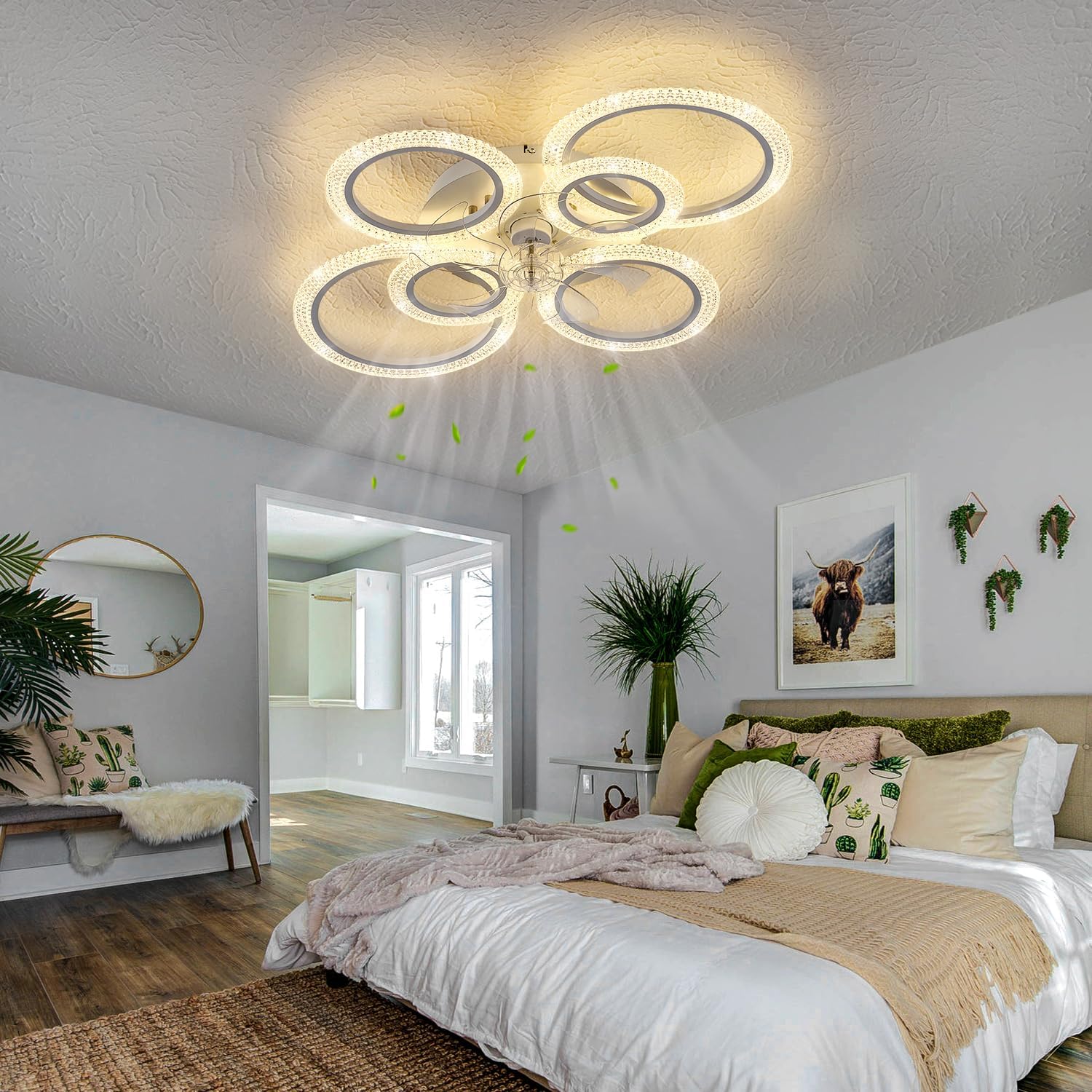 Yfrest Ceiling Fan with Light and Remote, White Low Profile Ceiling Fans with Lights, Flush Mount Ceiling Fan with 3 Light Color 6 Speeds, 35Inch Fandelier Ceiling Fan for Kitchen Living Room 6-Ring