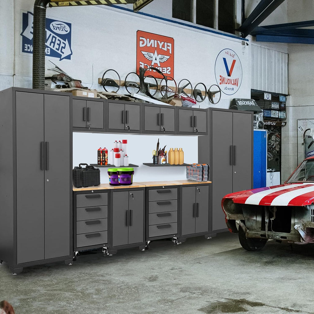 Torin Garage Storage System Heavy Duty 12Pcs Metal Organization Workbench，Wall, 4-Drawers Rolling Cabinet, Black/Grey