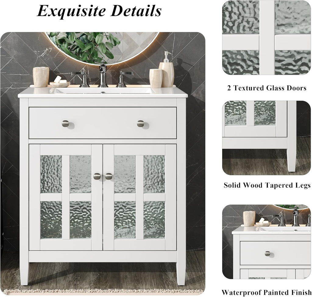 30' Bathroom Vanity with Sink, Bathroom Sink with Cabinet, Adjustable Interior Shelf, Convenient Tip-Out Tray, Silver Metal Knobs, A Modern and Practical Choice for Guest Suites