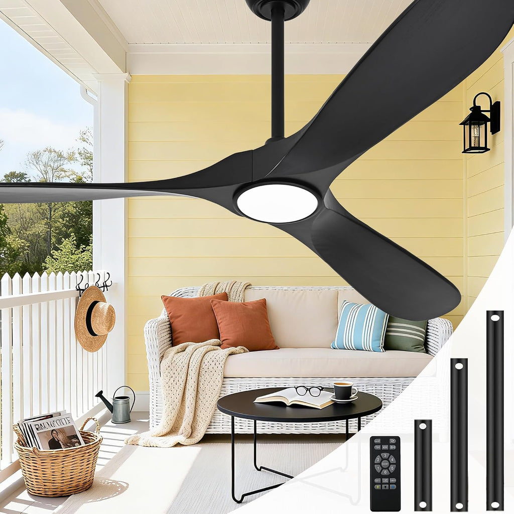 Black Ceiling Fan with Light 52 Inch, Outdoor Ceiling Fans with Lights and Remote for Indoor Bedroom Living Room Patios Gazebo Modern Wooden 3 Blade Propeller Wet Rated Reversible DC Fan