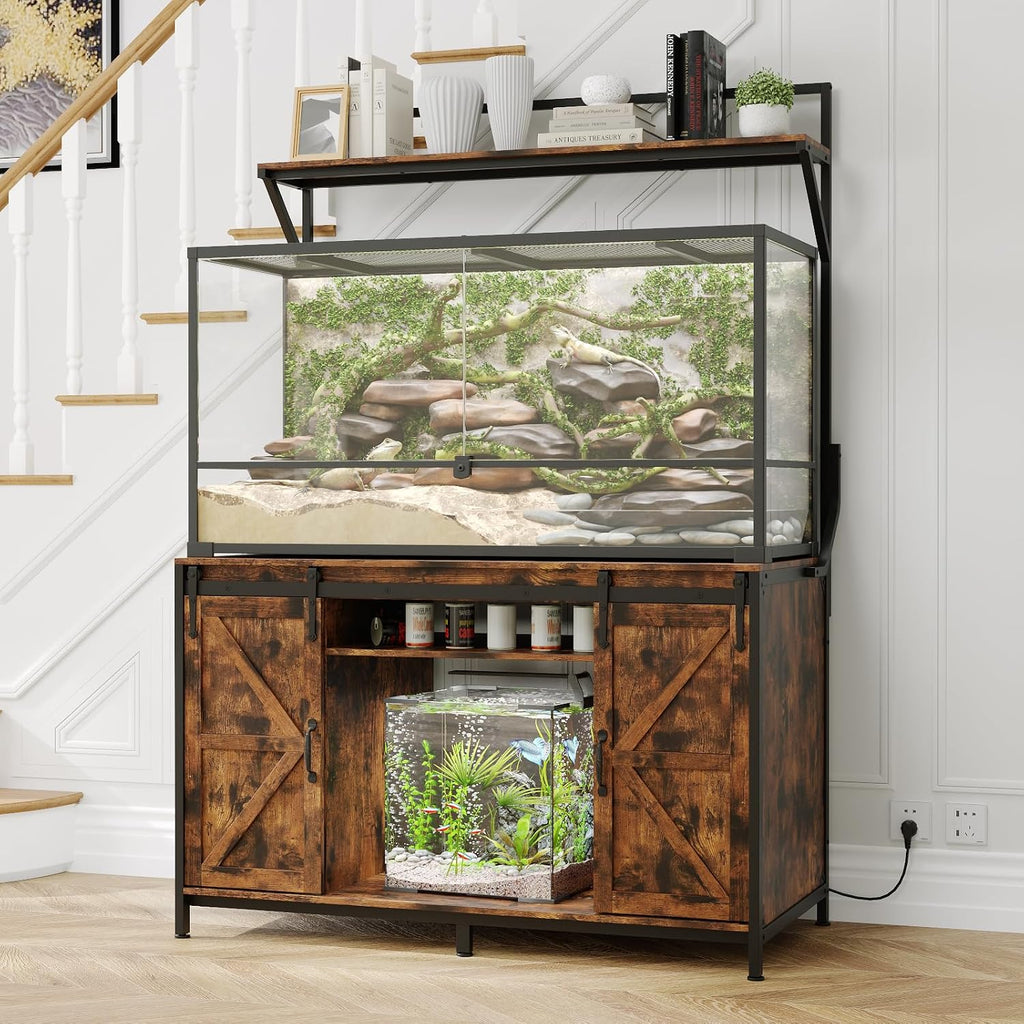 VOWNER Farmhouse Reptile Tank Stand with Power Outlet, 48' X 24' Tabletop Fits up 120 Gallon Bearded Dragon Tank, Heavy Duty Aquarium Stand with Storage Cabinet, Reptile Turtle Terrarium Stand Brown