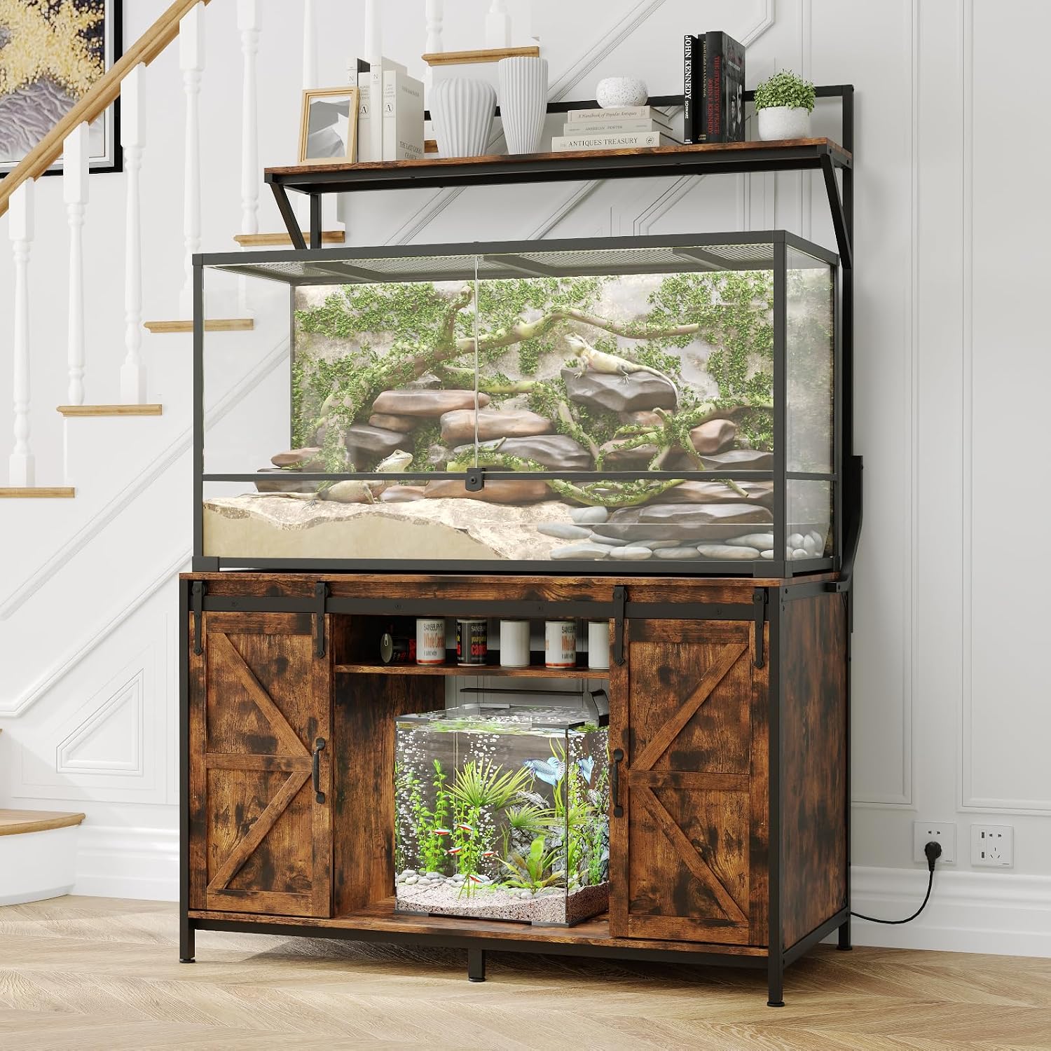 VOWNER Farmhouse Reptile Tank Stand with Power Outlet, 48' X 24' Tabletop Fits up 120 Gallon Bearded Dragon Tank, Heavy Duty Aquarium Stand with Storage Cabinet, Reptile Turtle Terrarium Stand Brown