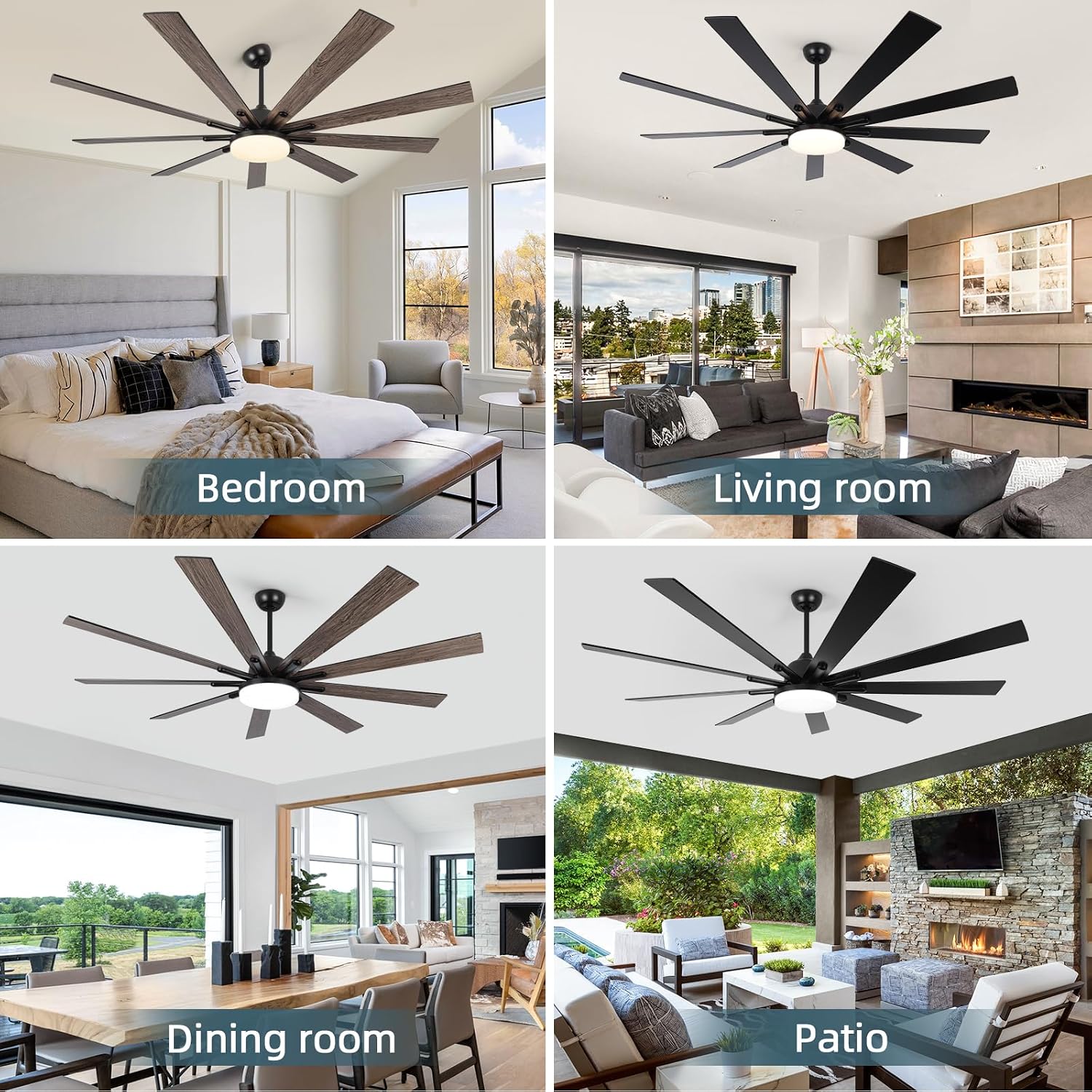 72 Inch Large Outdoor Ceiling Fan, Black Ceiling Fans with Lights and Remote, 9 Fan Blades, Dimmable, Reversible, 6-Speeds, 3-Colors Temperature, for Living Room/Office/Patio