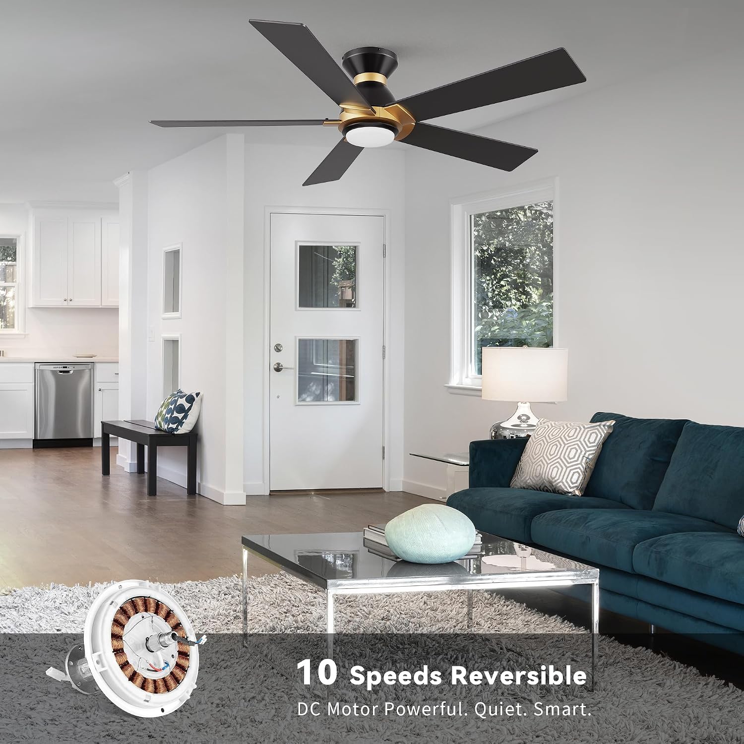SMAFAN Smart 52' Ceiling Fans with Lights Flush Mount, 3 Light Colors Dimmable, 10 Speeds DC Ceiling Fan with Remote, Outdoor Ceiling Fan Compatible with Alexa, Siri & Google Home, Black Gold