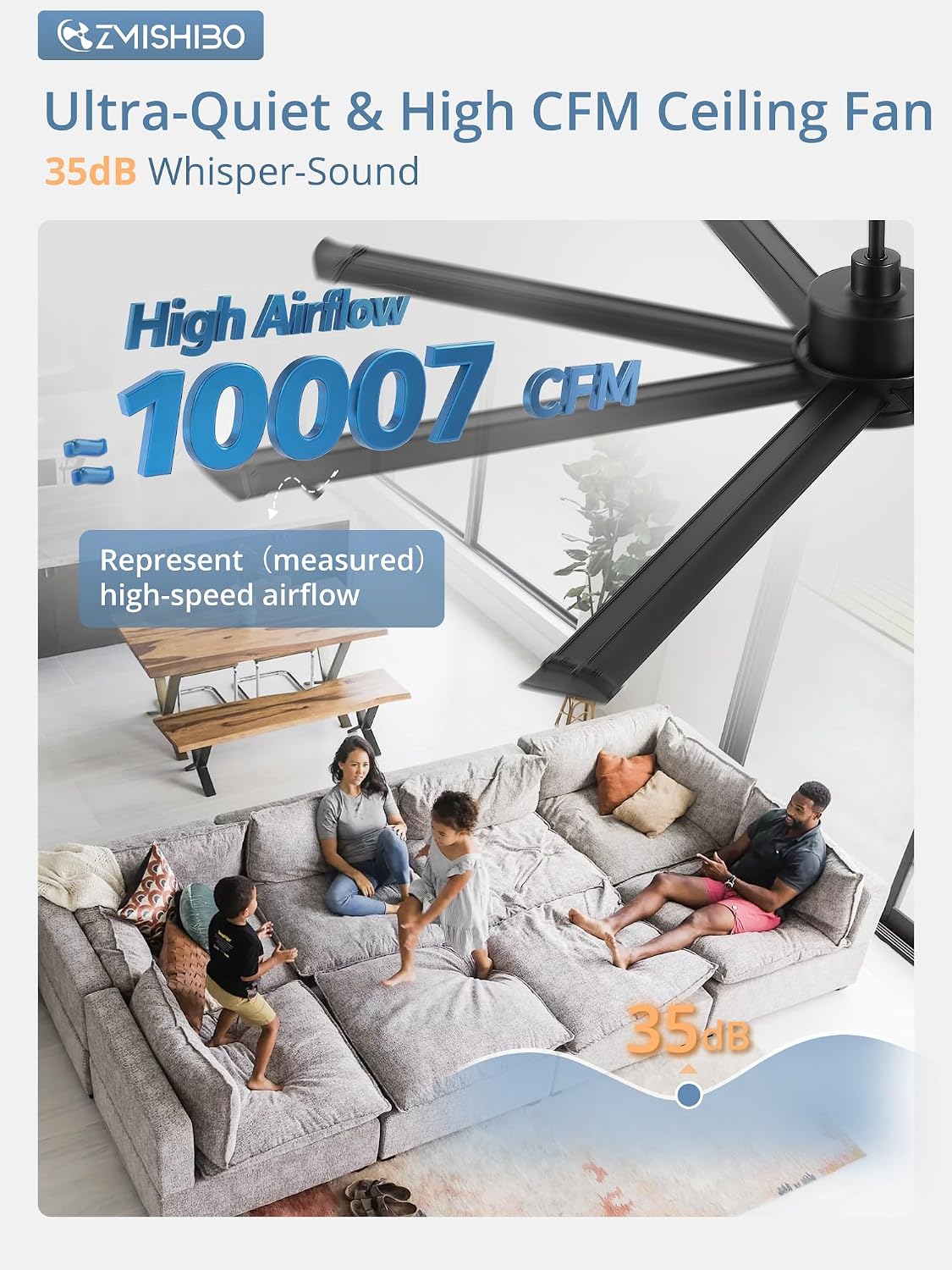 ZMISHIBO 72 Inch Large Ceiling Fan No Light, 8 Aluminum Blades, 6-Speed Remote Control, Industrial Ceiling Fan without Light, Quiet DC Motor, Indoor/Outdoor Ceiling Fans for Patio, Garage, Shop