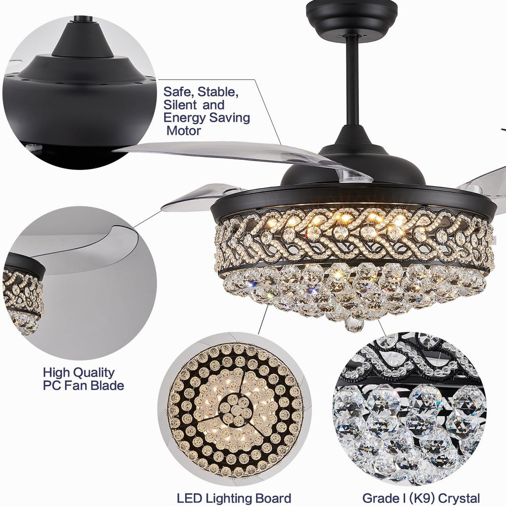 DuMaiWay 52' Dimmable Chandelier Ceiling Fan, Modern Crystal Retractable Invisible Blade Ceiling Fan with Remote Control for Bedroom Dining Room Living Room 6 Speed Change Black