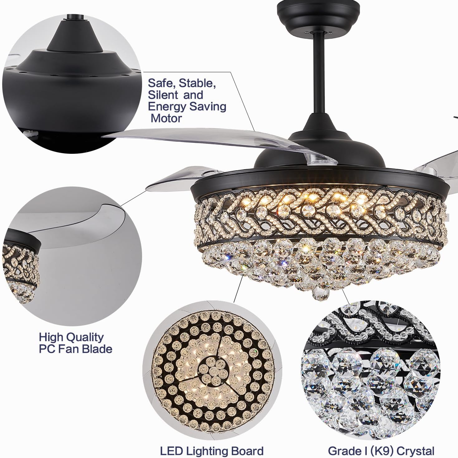 DuMaiWay 52' Dimmable Chandelier Ceiling Fan, Modern Crystal Retractable Invisible Blade Ceiling Fan with Remote Control for Bedroom Dining Room Living Room 6 Speed Change Black