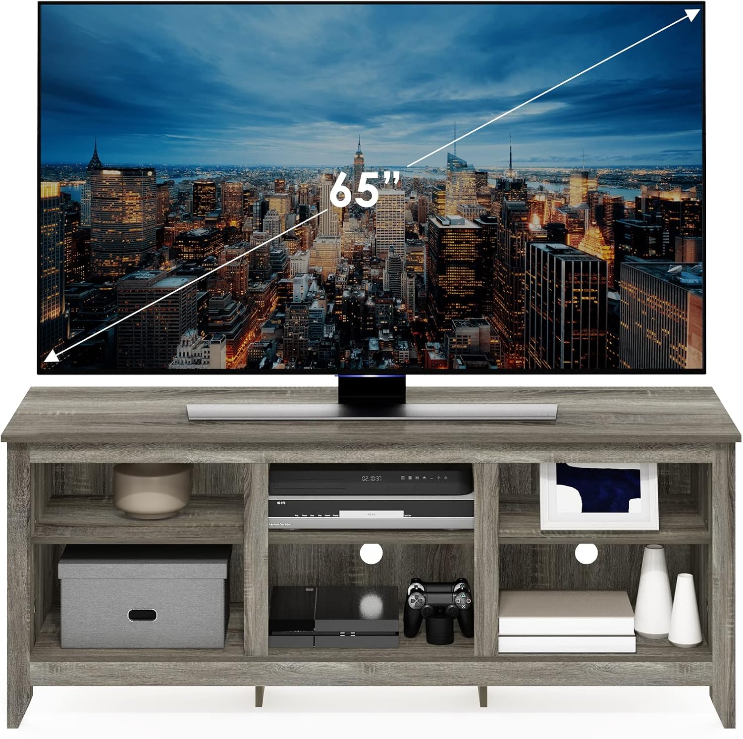 Furinno Jensen TV Stand for TV up to 65 Inch, 2-Tier Grey Entertainment Center, TV Console with Cable Management, for Living Room, Bedroom, Grey Oak