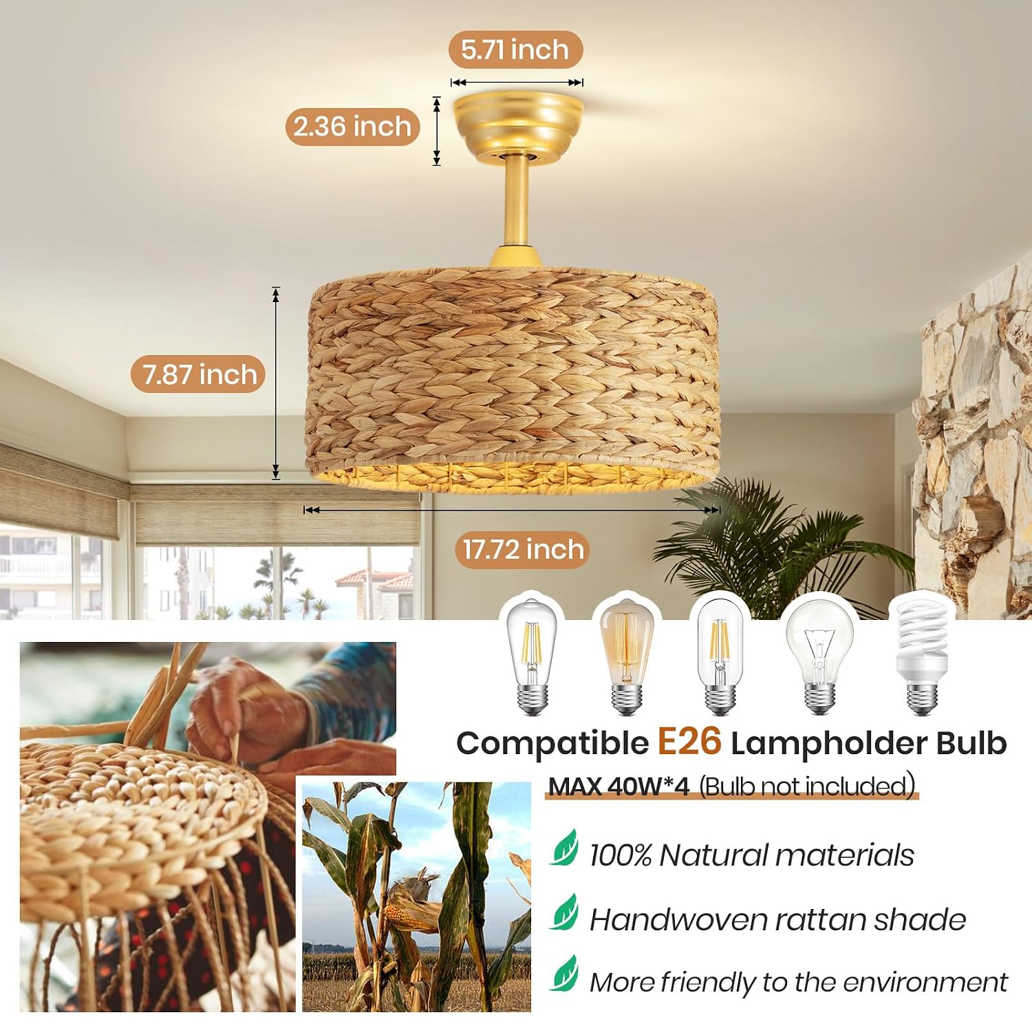 Boho Fandelier Ceiling Fans with Lights, Rattan Chandelier Fan Gold Caged Ceiling Fan with Light Remote, Flush Mount Chandelier Ceiling Fan with 6 Speeds Fandelier for Bedroom, Living Room,Kitchen