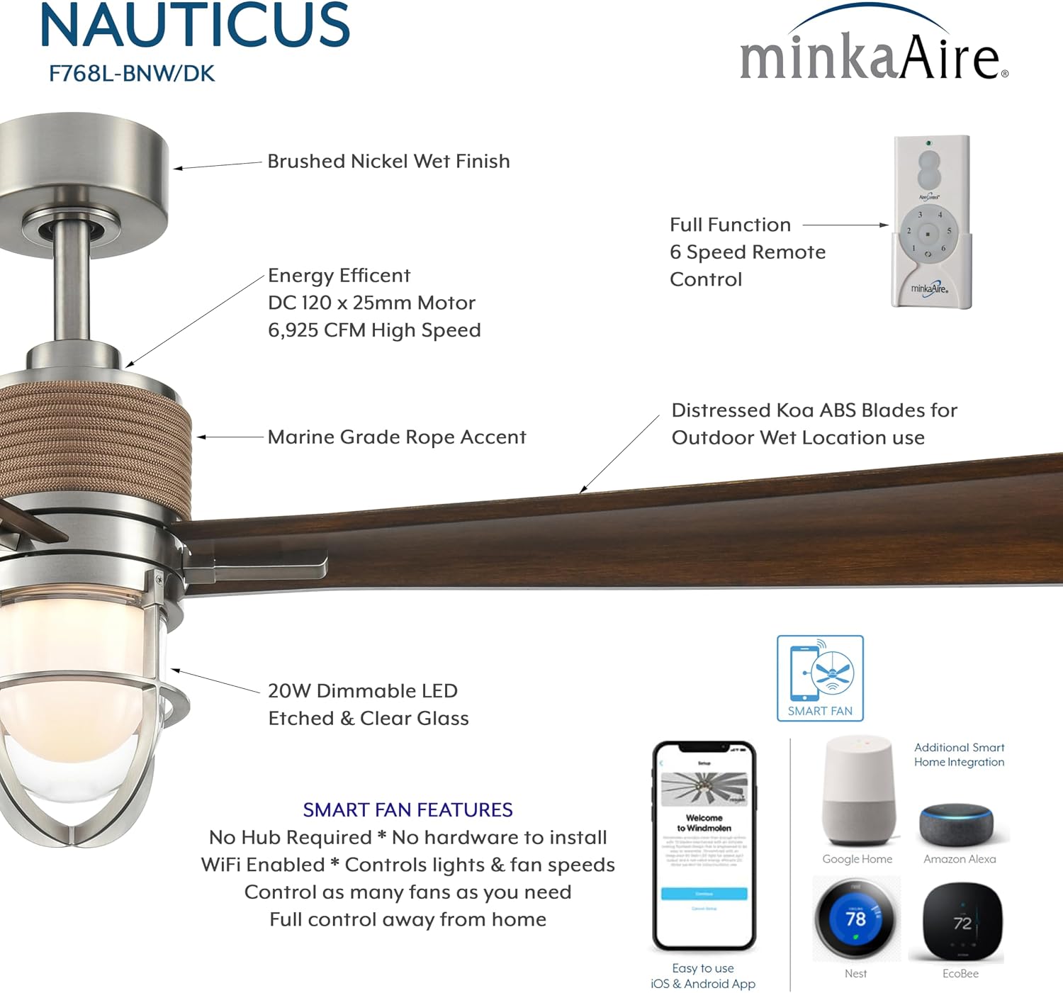 MINKA-AIRE F768L-BNW/DK Nauticus 65' 3-Blade LED Smart Indoor/Outdoor Ceiling Fan in Brushed Nickel Wet and Distressed Koa Blades with Clear Glass
