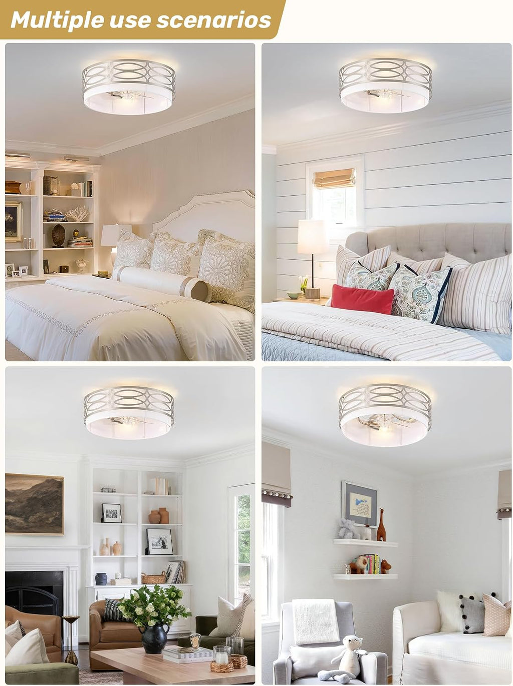 20' Silver Flush Mount Ceiling Fan with Light, Caged Boho Ceiling Fan with Lights Remote Control with 6 Speeds for Bedroom, Living Room, Nursery