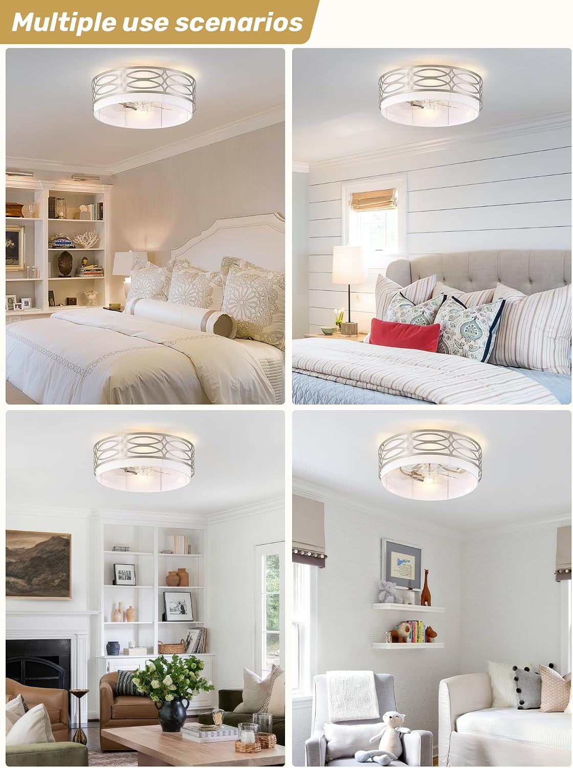20' Silver Flush Mount Ceiling Fan with Light, Caged Boho Ceiling Fan with Lights Remote Control with 6 Speeds for Bedroom, Living Room, Nursery