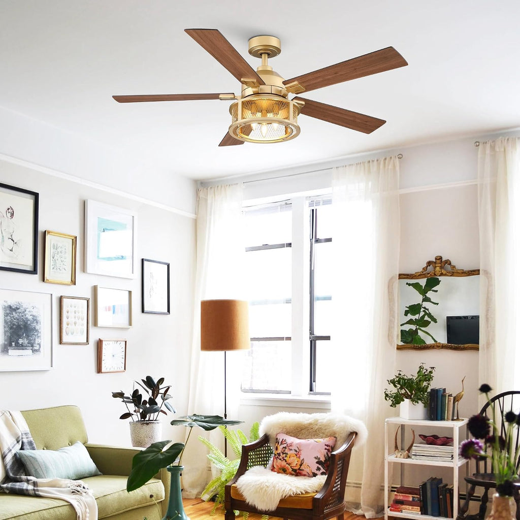 Parrot Uncle Gold Ceiling Fans with Lights and Remote, 52 Inch Farmhouse Ceiling Fan with Light for Bedroom, Modern Outdoor Ceiling Fans for Patios, Reversible Airflow, 3 Speeds, Timer