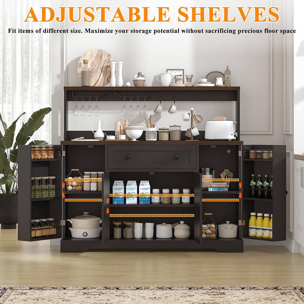 VVFLU Hutch Storage Buffet Cabinet with Drawers, and Charging Station, Coffee Bar Cabinet with Barn Doors, Wine Rack and Hooks, White Wood Sideboard Buffet for Kitchen, Dining Room, 47.8' High