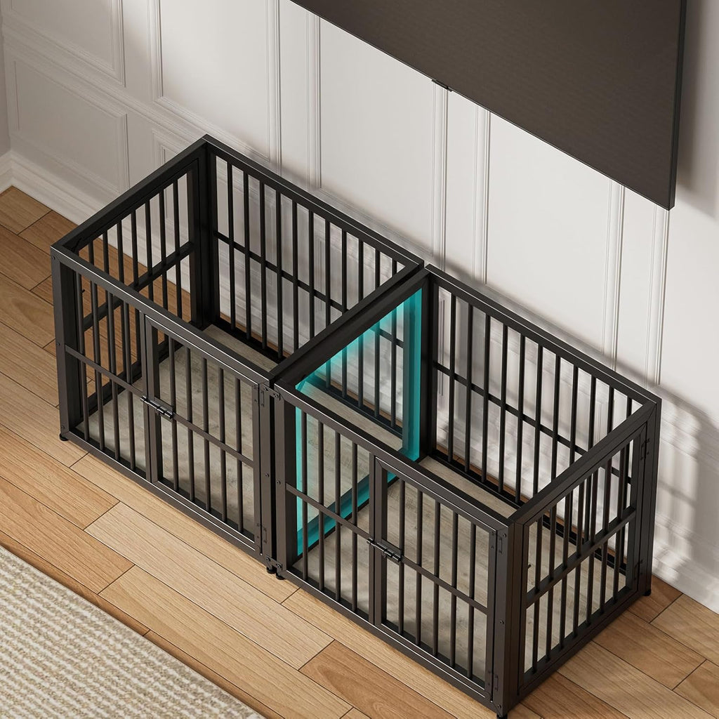 Lyromix 54'' Dog Crate Furniture with Double Rooms,Wooden Crate End Table Heavy Duty Indoor Puppy Cage for 2 Small Dogs, Multiple Units Can be Combined, Grey