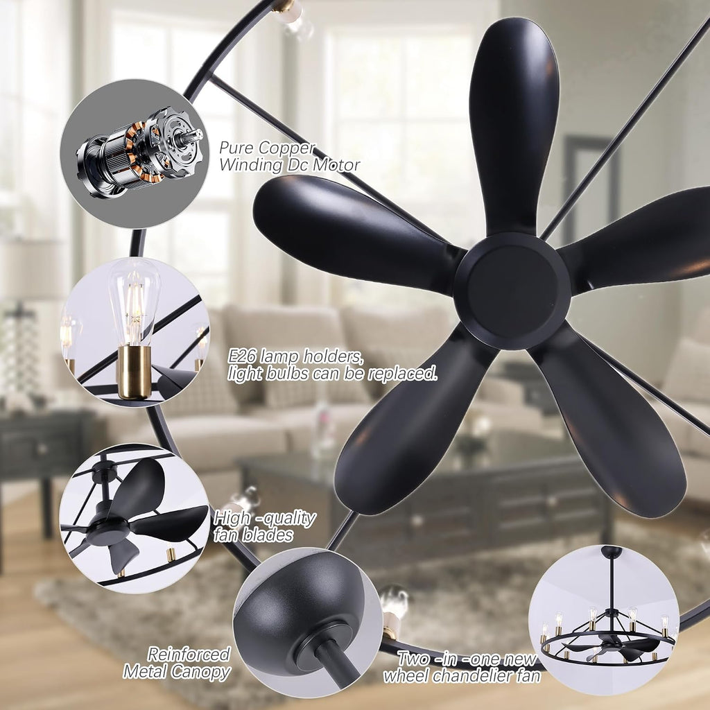 Miuyhji 44' Large Wagon Wheel Chandelier with Fan Smart Farmhouse Black Fan | 12 Lights, Remote/APP,6 Speed, Timing,Height Adjustable, Rustic Fandelier Light Fixture for Living Room Bedroom Dining Room