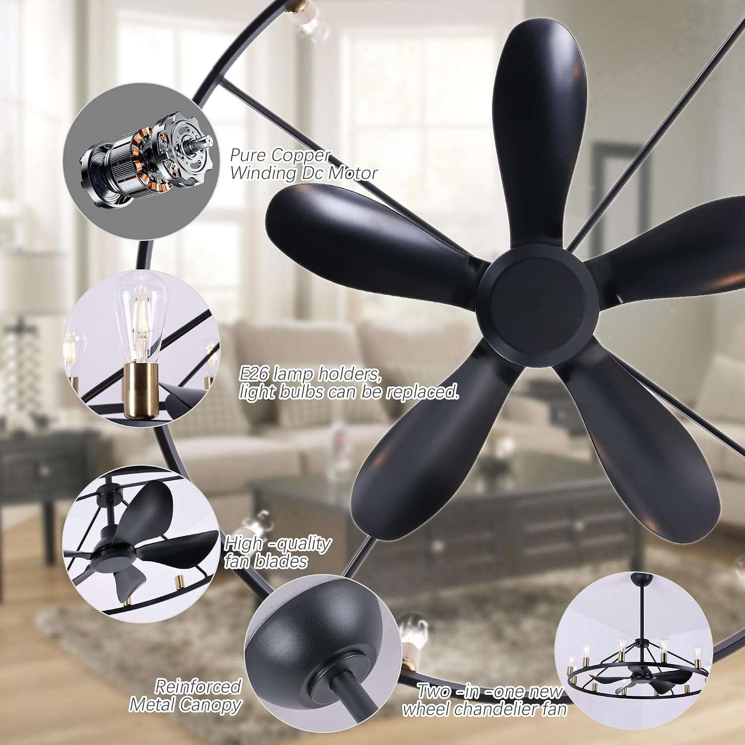 Miuyhji 44' Large Wagon Wheel Chandelier with Fan Smart Farmhouse Black Fan | 12 Lights, Remote/APP,6 Speed, Timing,Height Adjustable, Rustic Fandelier Light Fixture for Living Room Bedroom Dining Room