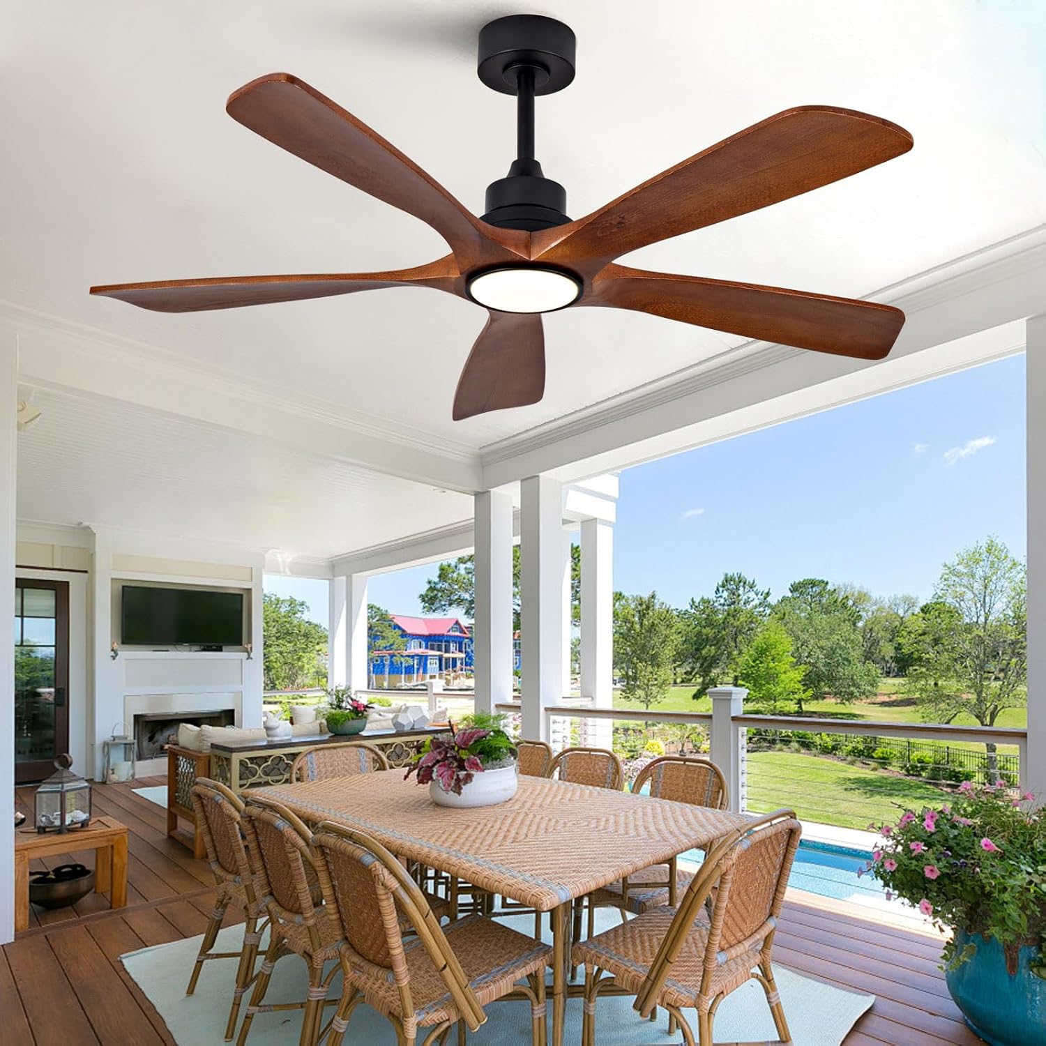 52 Inch Modern Ceiling Fans with Lights and Remote, 5 Blade Wood Ceiling Fan with Light, Wall Switch, Dimmable, Memory Function, Quiet DC Motor, Indoor Outdoor Ceiling Fan for Patio Living Room