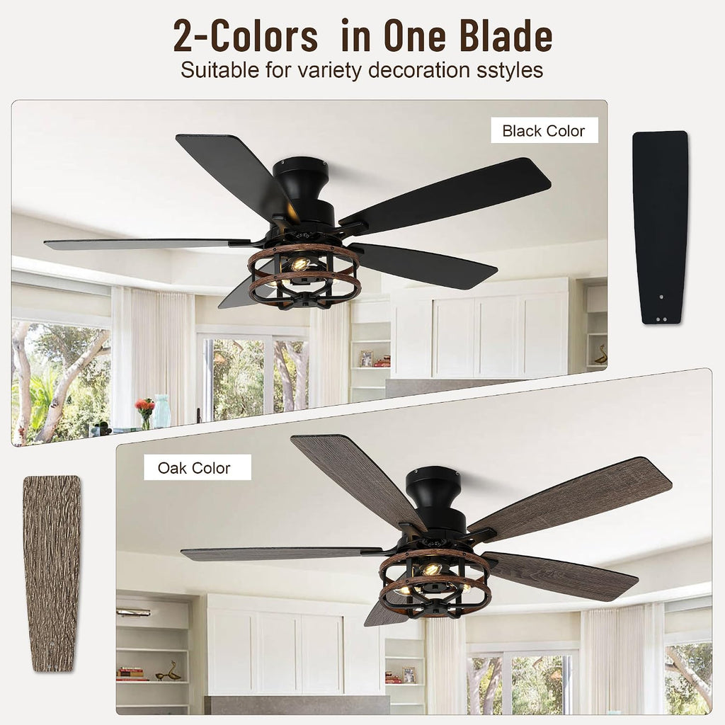52' Farmhouse Ceiling Fans with Lights and Remote,Chandelier Ceiling Fan with 5 Double Colour Blades Reversible DC Motor,Rustic Caged Ceiling Fan for Living Room,Dining Room,Bedroom