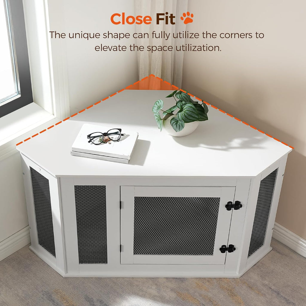 MAHANCRIS Corner Dog Crate Furniture, Wooden Dog Kennel End Table, Decorative Pet Crate Indoor Use, Furniture Style Dog House for Small Medium Dog, Dog Cage TV Stand, White and Black DCWT0801