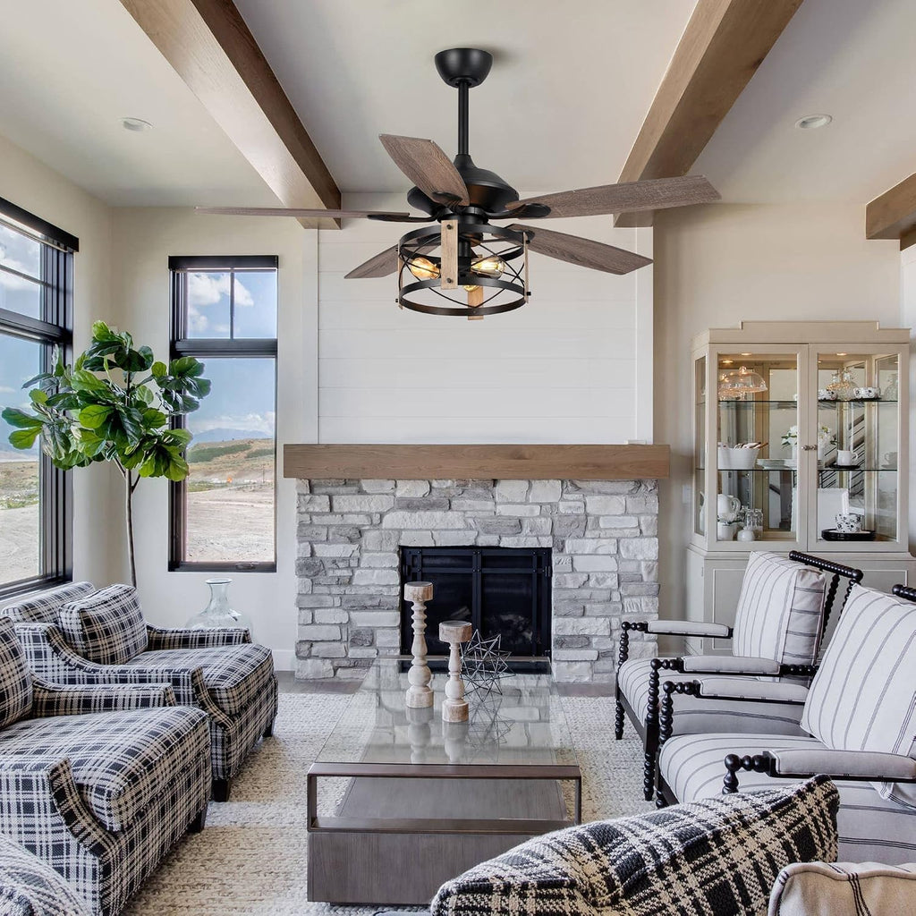 Parrot Uncle Ceiling Fans with Lights and Remote Farmhouse Ceiling Fan with Light 52 Inch Black Outdoor Ceiling Fans for Patios Covered, Reversible Motor