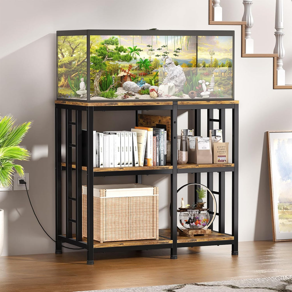 20-29 Gallon Fish Tank Stand with Power Strip, 3-Tier Metal Aquarium Stand, 31.5' L x 16.5' W for 20 Gallon Long Aquarium, 400 lbs Capacity, Retro Brown
