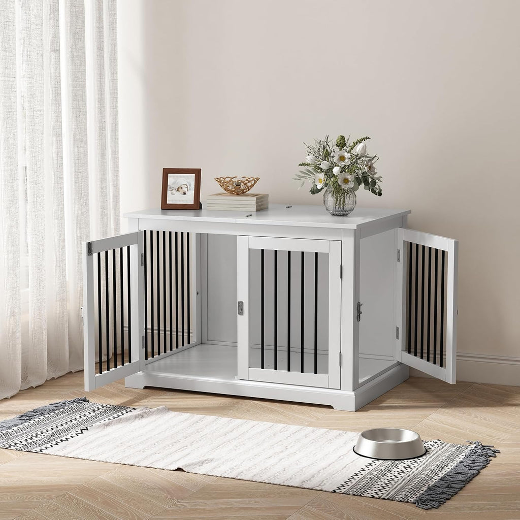 PUPETPO Furniture Style Dog Crate with Cushion, Dog Kennel Medium, Pet Crates, Dog Cage for Small and Medium Dogs, Decorative Dog Kennel with Flip-top Plate, Chew-Proof Metal Bars, White