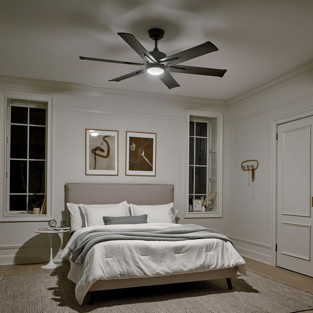Kichler Szeplo II 60 in 6-Blade Outdoor Ceiling Fan with LED Light, DC Motor Wet Rated Patio Fan with Etched Cased Opal Glass in Old Bronze for Pergola Porch, 300300OZ