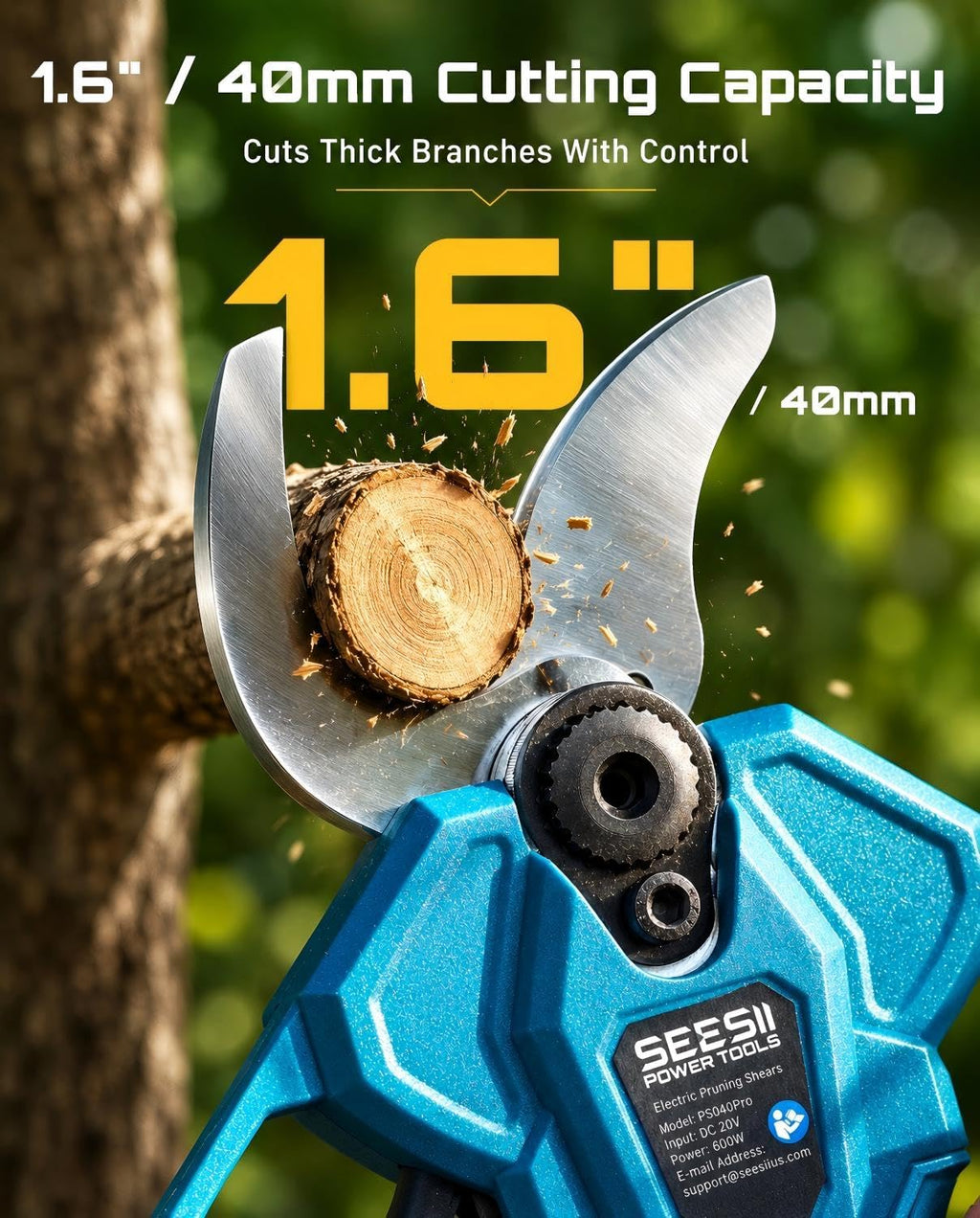 SEESII 2-in-1 Pole Pruning Shears: 1.6' Cutting Diameter Cordless Electric Pole Pruners - Brushless Motor, Dual 4.0Ah Batteries, Extra SK5 Blade, 4 Modes Adjustable Branches Cutter for Tree & Flower