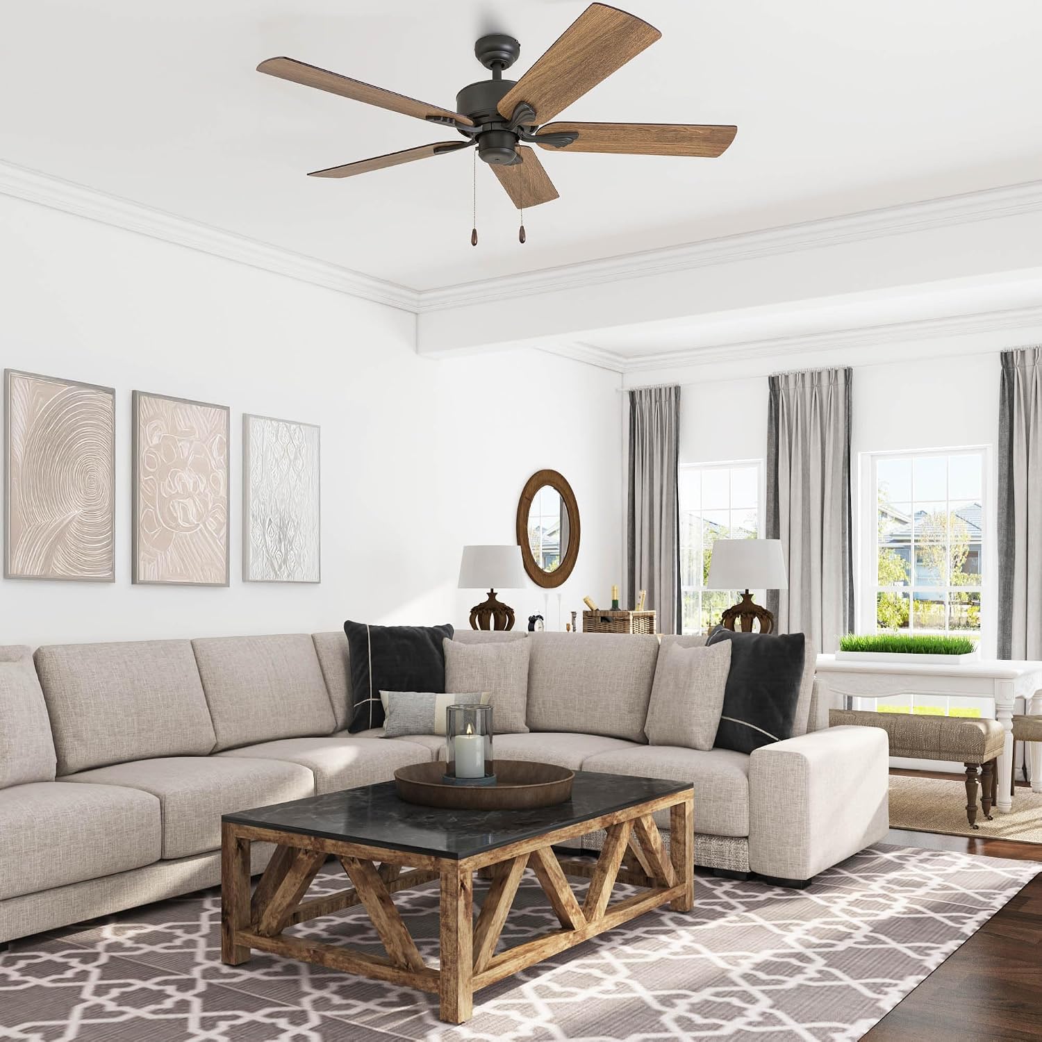 Prominence Home Glencrest, 52 Inch Farmhouse Ceiling Fan with No Light, Remote Control, Three Mounting Options, 5 Dual Finish Blades, Reversible Motor - 50682-01 (Bronze)