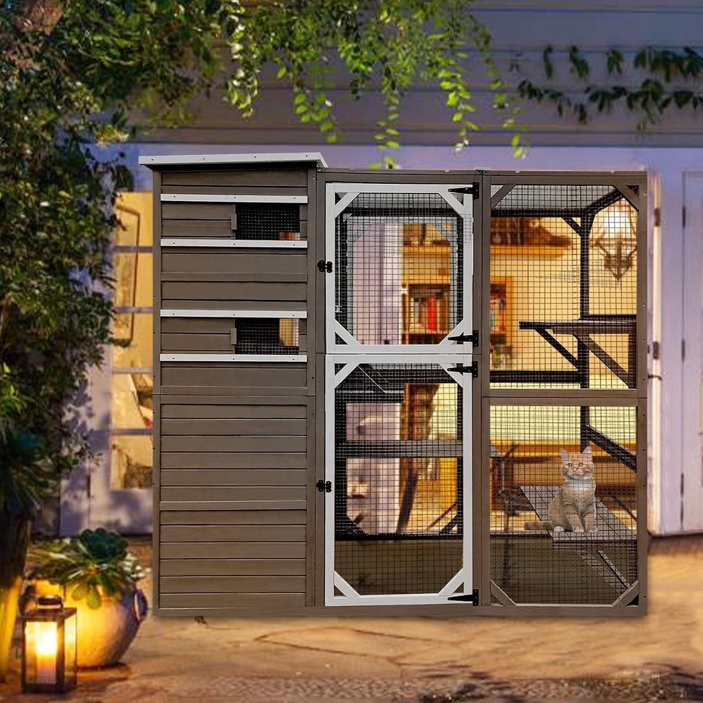 PetsCosset Catio Cat Enclosure Outdoor, Large Cat House Outdoor Weatherproof Attached to Window for Multi Cats, Asphalt and UV Protection Roofs, Multi Platforms-71 H 77' L