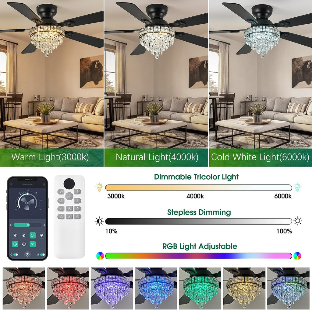 52' Crystal Ceiling Fans with RGB Lights, Remote/App Control, Modern Fandelier Ceiling Fan Flush Mount, Reversible DC Motor, Dimmable, Bedroom Chandelier Fan, (Black)