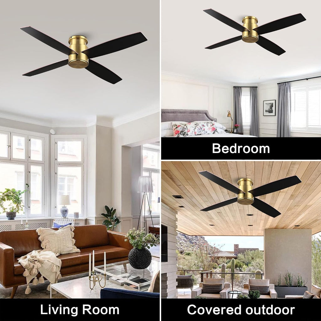 WINGBO 52' Flush Mount DC Ceiling Fan without Lights, 4 Reversible Blades, Ultra Quiet 6-Speed DC Motor, Hugger Low Profile Indoor Ceiling Fan No Lights, Brass Finish