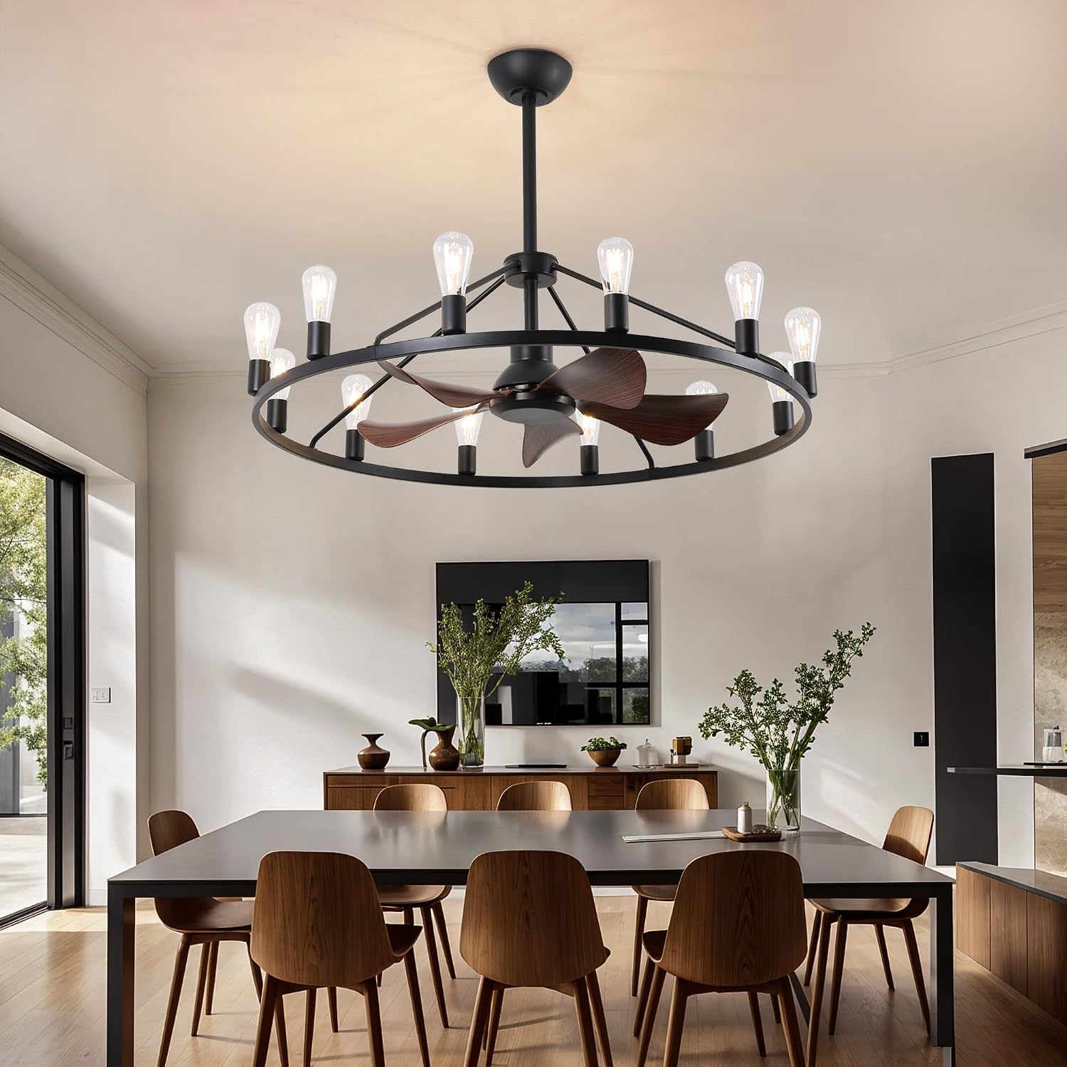 Miuyhji Wheel Ceiling Fan 44 Inches Large,Industrial Ceiling Fans with Lights and Remote,Vintage Chandelier Fans with 12 Candle Lights, Wagon Wheel Chandelier with Fan for Indoor