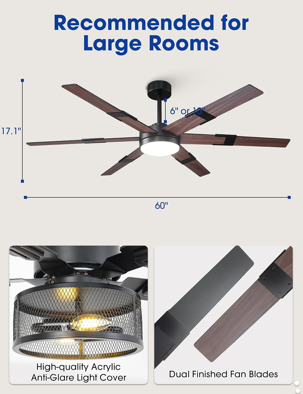 Smart Ceiling Fans with Lights and Remote & APP Control, 60 Inch Farmhouse Ceiling Fans for Living Room Bedroom, 6-Speed Reversible DC Motor, Dimmable LED Light, 3CCT, Ventilador de Techo con Luz