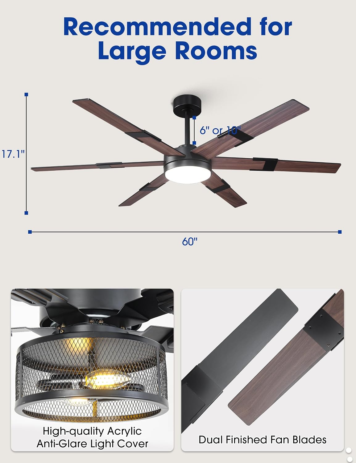 Smart Ceiling Fans with Lights and Remote & APP Control, 60 Inch Farmhouse Ceiling Fans for Living Room Bedroom, 6-Speed Reversible DC Motor, Dimmable LED Light, 3CCT, Ventilador de Techo con Luz