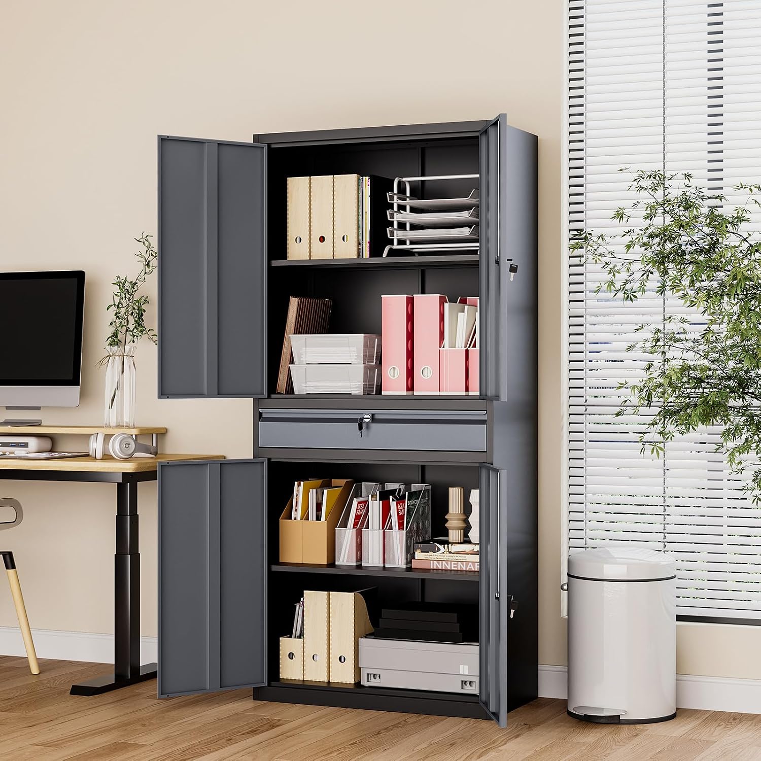 Metal Storage Cabinet with Drawer, Garage Storage Cabinet with Locking Doors and Adjustable Shelves for Garage, Home Office,Warehouse