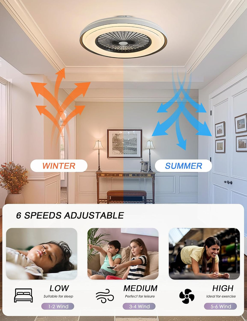 Dawn Whisper 24' Low Profile Ceiling Fans with Lights Quiet DC Motor 6 Speeds Timer Flush Mount Enlosed LED Modern Smart RGB Ceiling Fans with Alexa/Tuya APP Remote Control for Kids Bedroom Black
