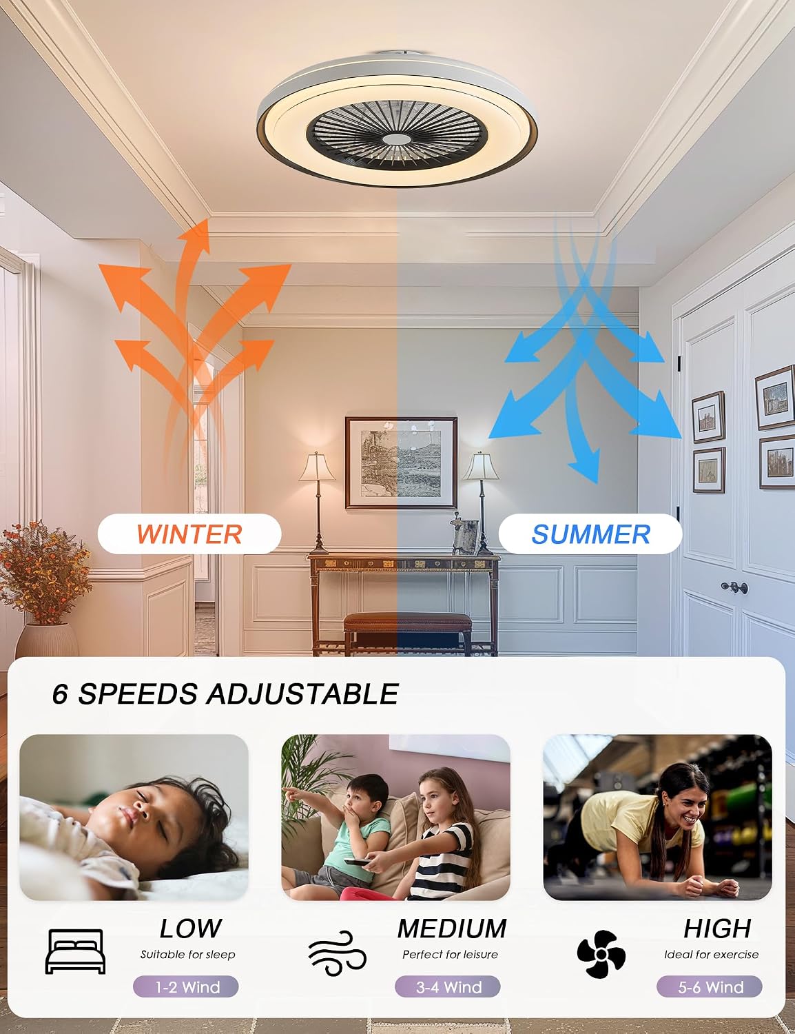 Dawn Whisper 24' Low Profile Ceiling Fans with Lights Quiet DC Motor 6 Speeds Timer Flush Mount Enlosed LED Modern Smart RGB Ceiling Fans with Alexa/Tuya APP Remote Control for Kids Bedroom Black